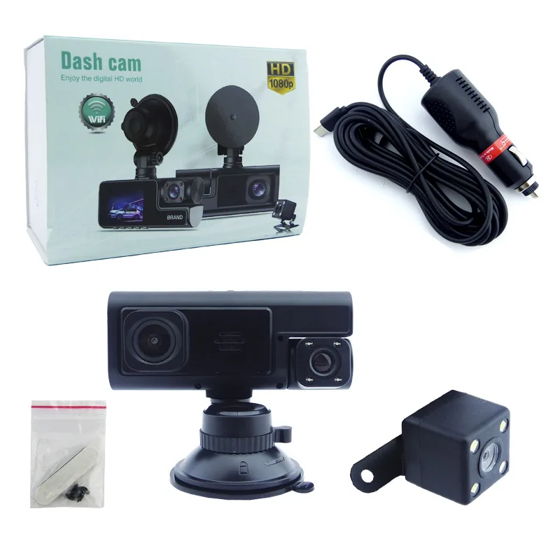 Camara DVR Triple WIFI Para Auto Con Pantalla De 3”, 2 Camaras De 170° Y Camara De Retroceso. - imagen 1