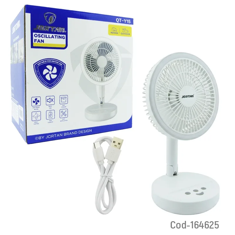 Ventilador De Sobre Mesa Recargable Marca JORTAN Modelo QT-Y15 Con Aro LED, 3 Velocidades Y Oscilacion - imagen 6